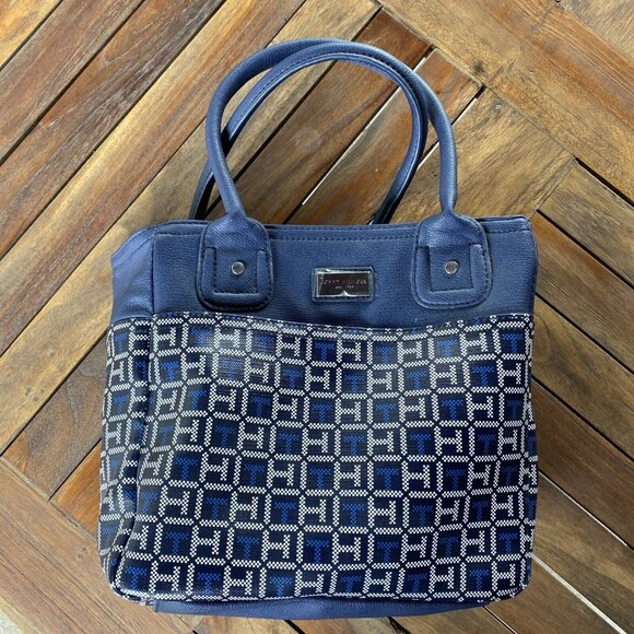 Tommy Hilfiger Monogram Faux Leather‎ Satchel Bag Purse Blue Gently Used 0118746 - Picture 1 of 15
